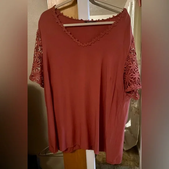 BloomChick Dusty Rose Shirt with Lace Sleeves Lace Sleeves. - Picture 6 of 8